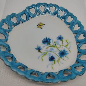 Heart Shaped Porcelain Trinket Dish White/Blue Flowers/Greenery